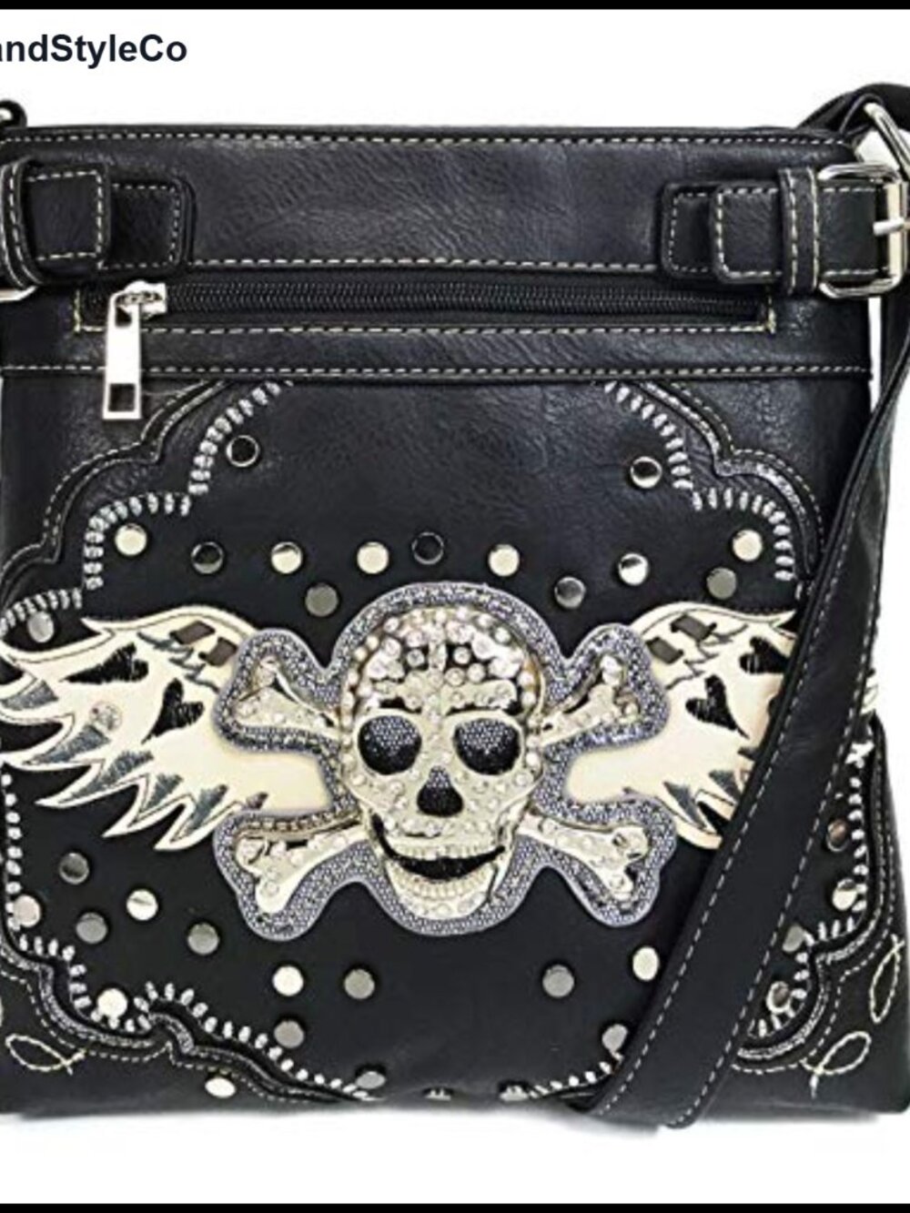 Rhinestone Skull Floral Embroidered Shoulder Bag Adjustable Strap Crossbody